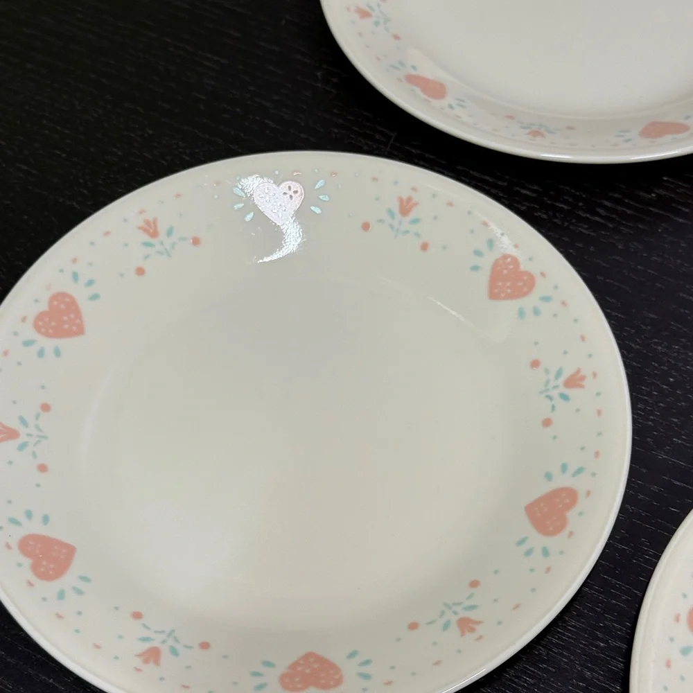 Corelle Forever Yours Pink and Blue Dinnerware Set with Heart Design set of 4